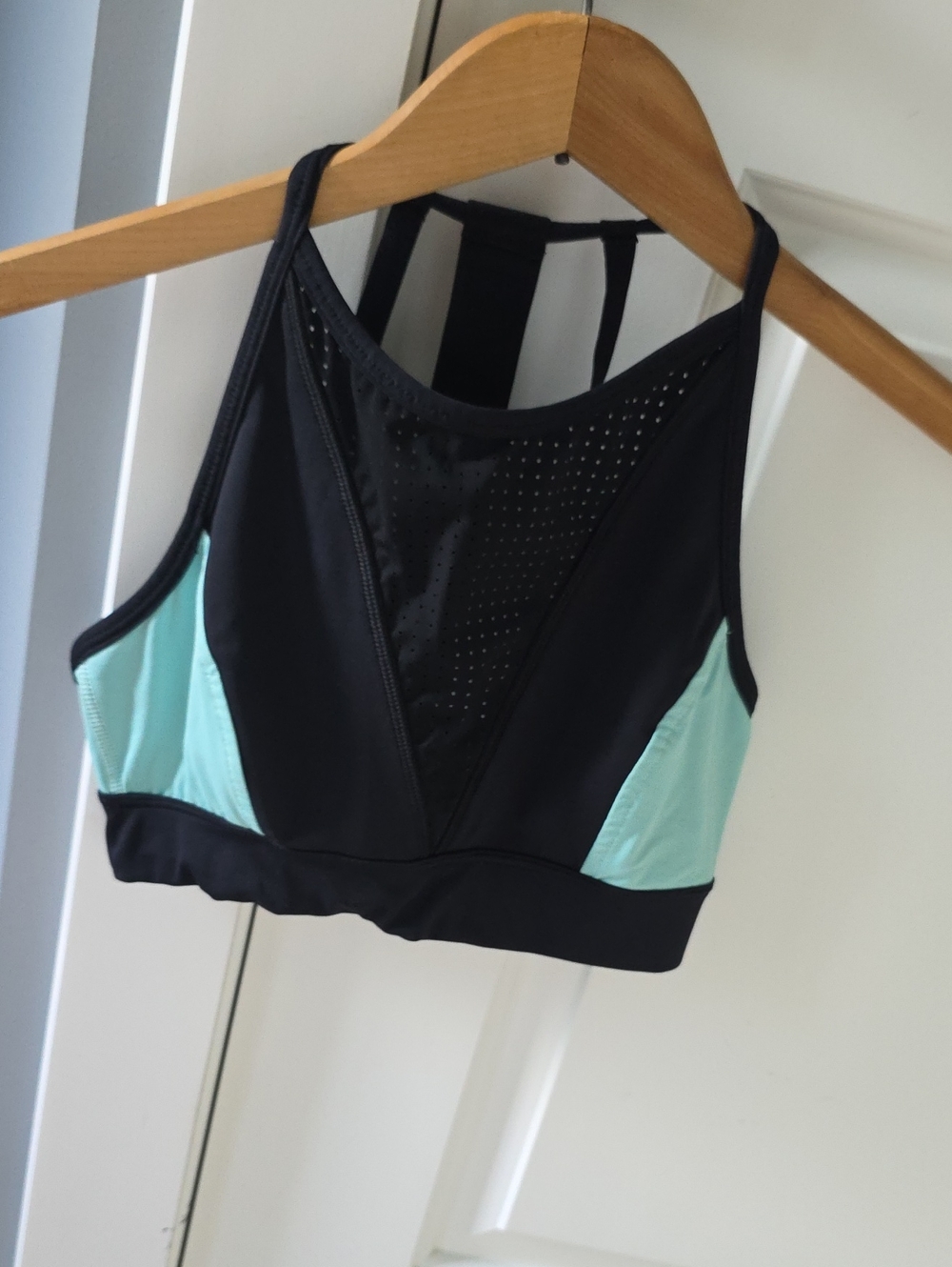 ALALA Black High-Neck Sports Bra with Mint Green Panels